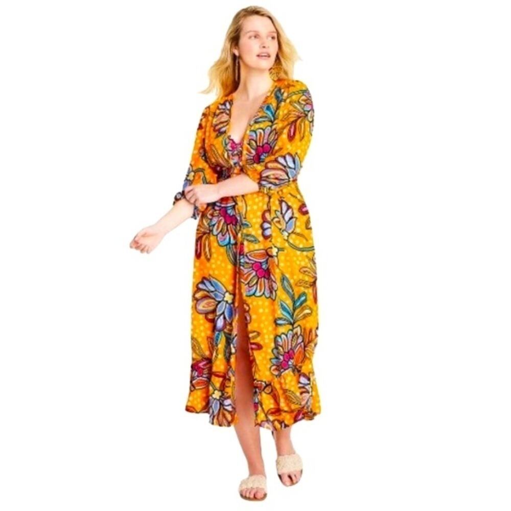 Tabitha Brown for Target Orange Print Floral Coverup with Tie Belt Size M NWOT